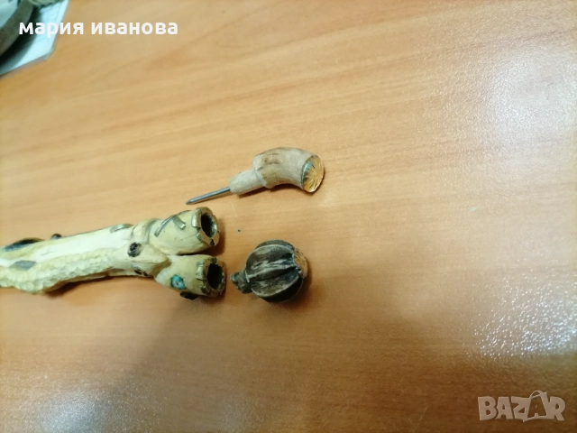 Нож с резбована дръжка чемшир бронз камъни, снимка 4 - Ножове - 52647032