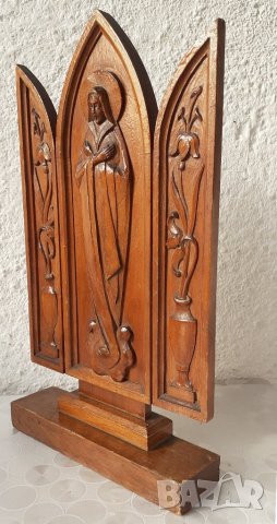 27 см дървен иконостас Богородица дърворезба пано религия фигура икона дърворезба, стар кръст антика, снимка 9 - Статуетки - 28965021