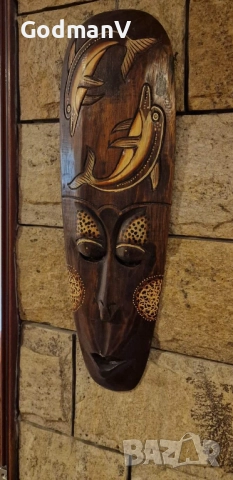 🌿 Три декоративни ръчно издълбани дървени маски – 48 см | Костенурка • Делфини • Бухал 🌿, снимка 3 - Декорация за дома - 52627985