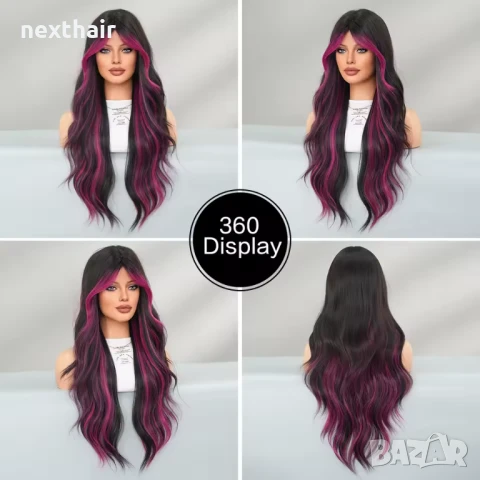 Ефектна черна перука с розово цилама кичури с дълъг бретон, снимка 3 - Аксесоари за коса - 51313913