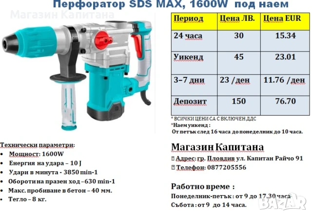 Перфоратор ПОД НАЕМ SDS MAX, 1600W