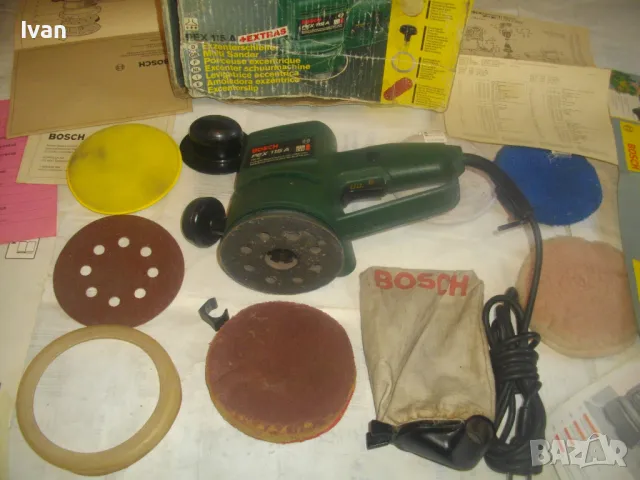 ШВЕЙЦАРСКИ ОРИГИНАЛЕН BOSCH PEX115А КРЪГЪЛ ЕКСЦЕНТЪР ВИБРОШЛАЙФ ШЛИФОВЪЧЕН ПЪЛЕН КОМПЛЕКТ АКСЕСОАРИ 