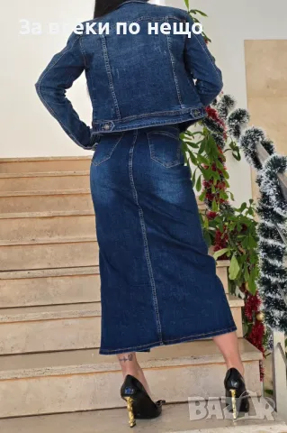 Дамски Син Дънков Мек И Еластичен Комплект - Дънково Яке И Дънкова Пола, снимка 2 - Комплекти - 48553847