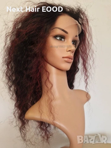 Естествена афро перука къдрава черна с тъмно червени бородо кичури с дантела 13х4, снимка 9 - Аксесоари за коса - 53294608