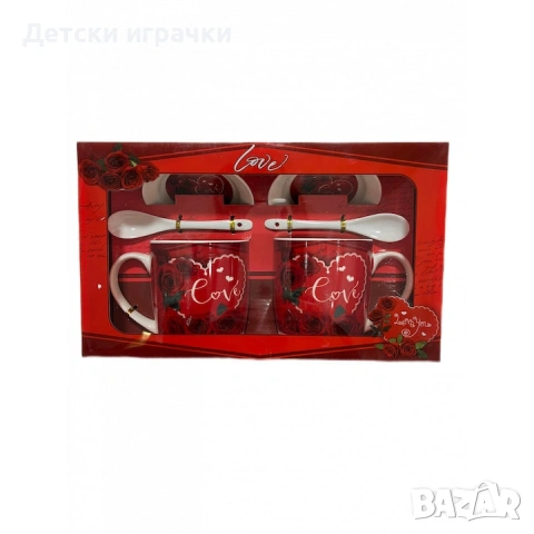 Комплект чаши с любовно сърце, червена роза, мече, кутия куфар, снимка 2 - Други - 53170108