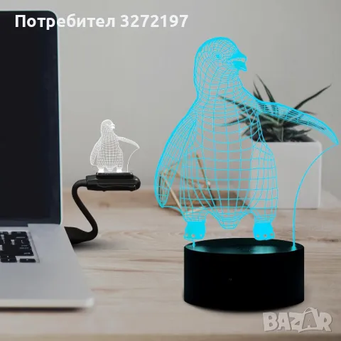 Холограмна 3D LED лампа Пингвин,RGB Седемцветен Интелигентен Контрол,USB, снимка 2 - Настолни лампи - 49517700