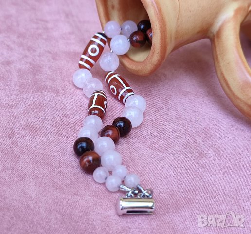 Двойна гривна на любовта с мъниста Дзи, розов кварц и червено тигрово око, снимка 9 - Гривни - 39955263