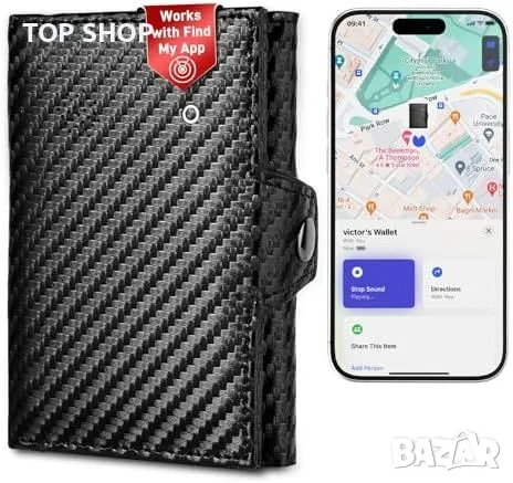 Ново Тънко карбоново портмоне с RFID блокировка и локатор iOS Find My и RFID защита Мъжки портфейл, снимка 4 - Портфейли, портмонета - 49723883