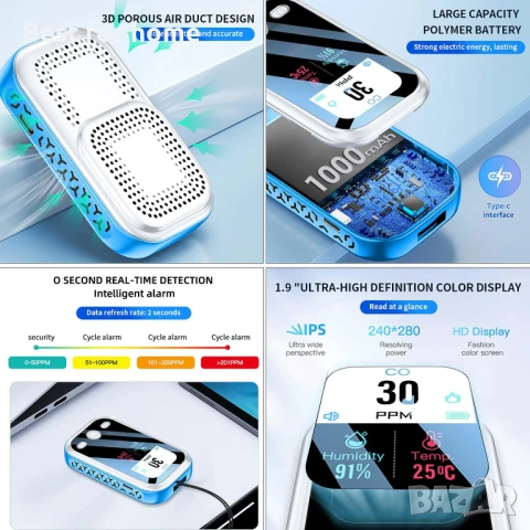 UPEVYLS Преносим детектор за въглероден оксид с голям цветен екран , снимка 4 - Други инструменти - 50642165