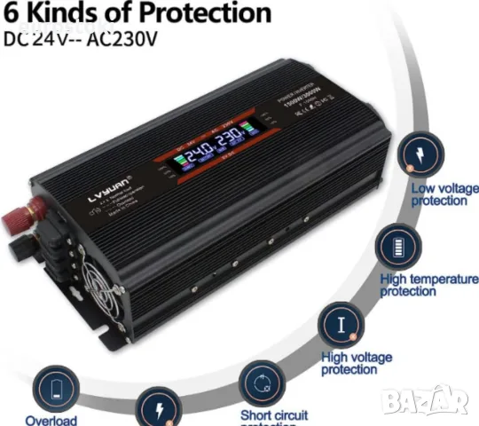 LVYUAN инвертор на напрежение 12-230 V, 1500 W/ 3000 W пиков, модифицирана синусоида, снимка 5 - Къмпинг осветление - 56185113