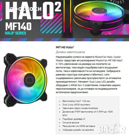 Вентилатор Cooler Master MasterFan MF140 Halo2, LED осветление ARGB. Вентилатор Cooler Master Master, снимка 3 - Захранвания и кутии - 49517043