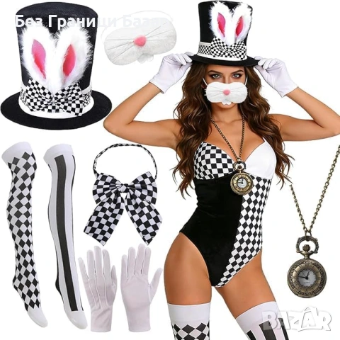 Нови 8 части заешки костюм сет – цилиндър с уши, папийонка, часовник