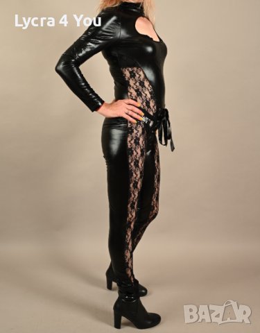 Нов черен лачен/винил гащеризон с дантела отпред XS/S размер., снимка 4 - Гащеризони - 41751984