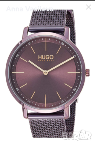 BOSS - Hugo, Часовник от инокс с мрежеста верижка, Бледовиолетов, снимка 1 - Дамски - 44684556