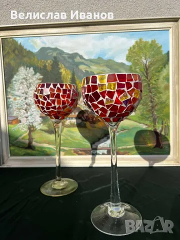Красиви високи чаши стъклен мозаечен ураган. Отлично състояние., снимка 2 - Антикварни и старинни предмети - 49969467