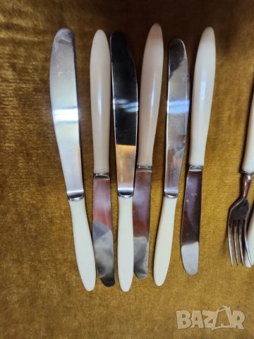 прибори за хранене - комплект 12 бр., качествена неръжд.стомана, дръжките "слонова кост", от СССР, снимка 4 - Прибори за хранене, готвене и сервиране - 46886675