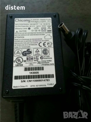 ОРИГИНАЛЕН ОРИГИНАЛЕН CHICONY A10-018N3A ЗАХРАНВАЩ АДАПТЕР 36V 0.5A 1.8W, снимка 1