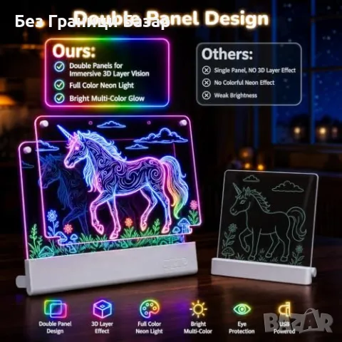 Нова LED светеща дъска за рисуване 16”, 2 панела, акумулаторна, STEAM игра Идеален подарък, снимка 2 - Образователни игри - 55943698