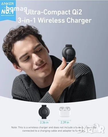 Anker Ultra Compact 3-in-1 Qi2 Wireless Charger - безжично зарядно за телефон и Apple Watch,USB-C, снимка 4 - Безжични зарядни - 56062658