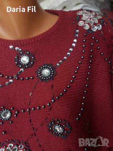 УНИКАЛНО КРАСИВА блуза плетиво в цвят бордо, обшита със сребристи камъни и синци , снимка 4 - Блузи с дълъг ръкав и пуловери - 39148938