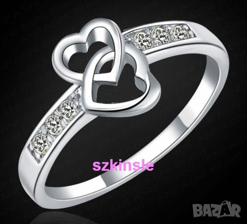 Пръстен две сърца с циркони, посребрен, снимка 2 - Пръстени - 36120816