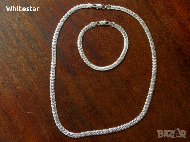 Посребрен мъжки комплект - ланец и гривна, снимка 2 - Колиета, медальони, синджири - 53622939