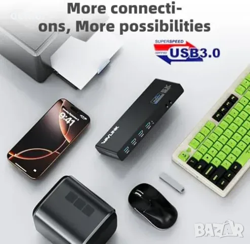 WAVLINK USB-C DisplayLink Docking Station с 2× HDMI/DP, Gigabit Ethernet и 6× USB 3.0, снимка 6 - Друга електроника - 55850039