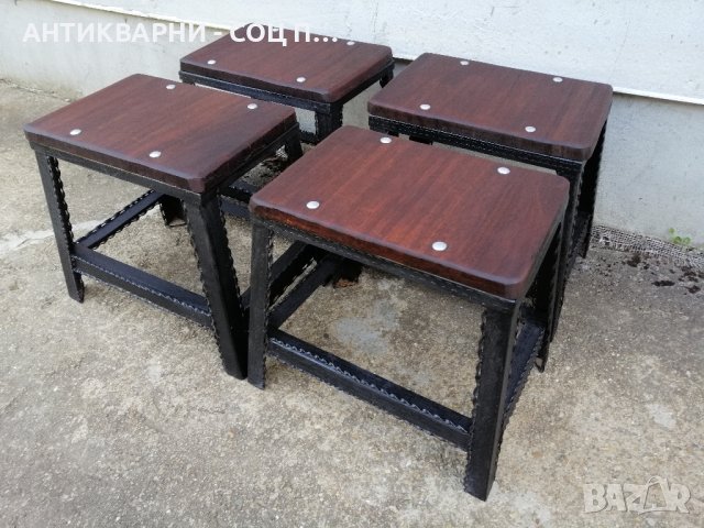 Комплект Стари Метални Табуретки, Столчета, Стара Метална Табуретка, Столче, Черешово Дърво. , снимка 4 - Антикварни и старинни предмети - 42158078