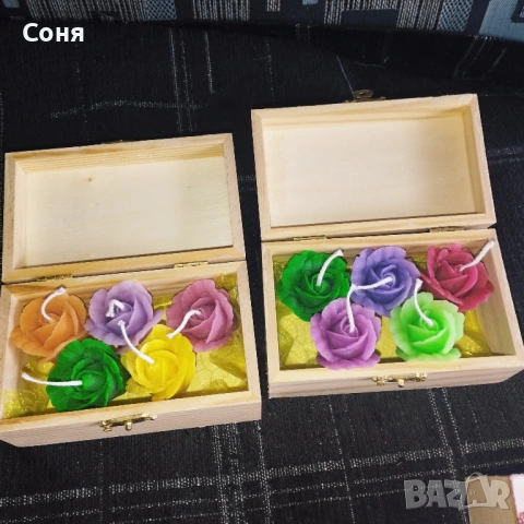 Дървена кутия с  пет ароматни мини рози - свещ, снимка 5 - Подаръци за жени - 53168163