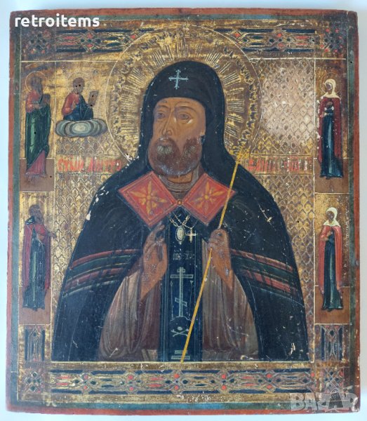19 век! Старинна, Ръчно Рисувана Руска Икона на Св.Митрофан Воронежски (Чудотворец) с Четири Избрани, снимка 1