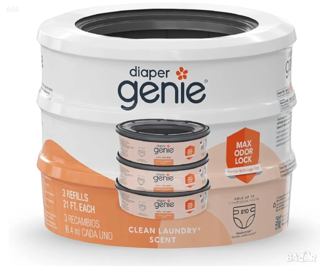 Пълнители за торбички за пелени Diaper Genie 270 (опаковка от 3) с аромат на чисто пране , снимка 1
