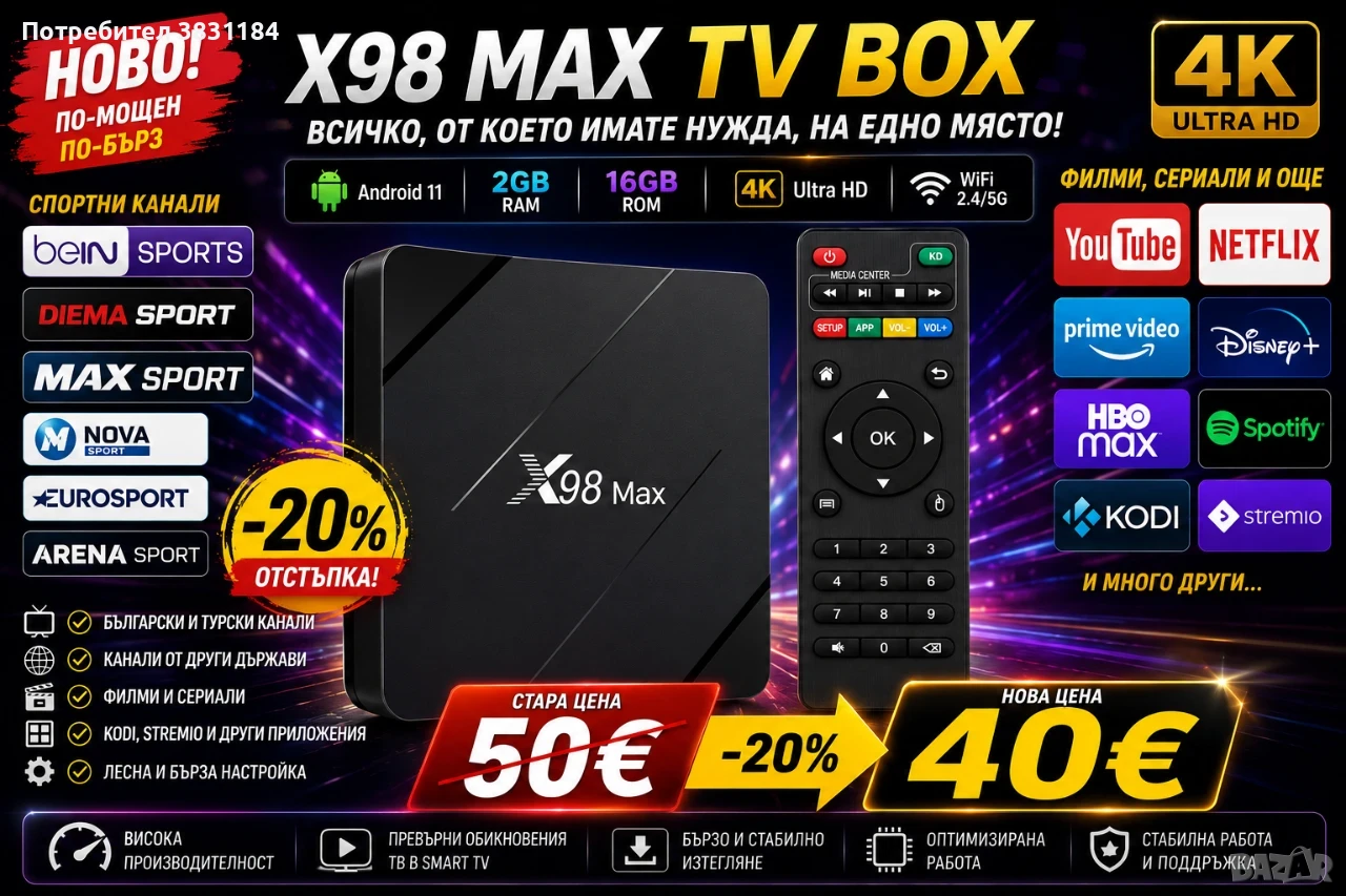 🔥 X98 MAX TV BOX – ТВОЯТ ТЕЛЕВИЗОР, НОВО НИВО! 🔥, снимка 1