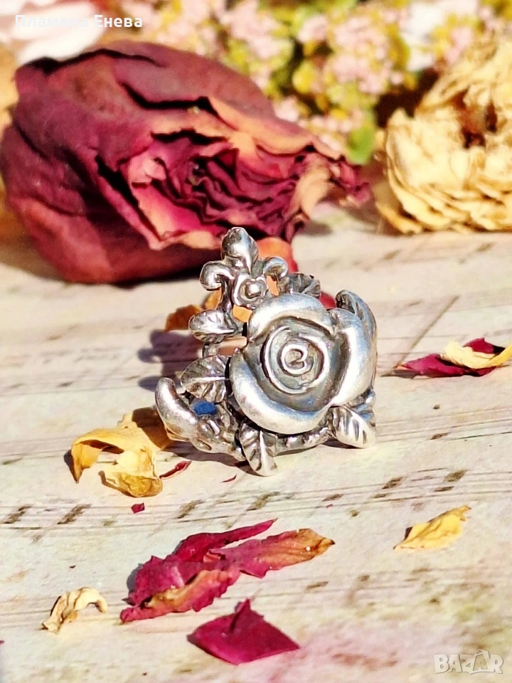 винтидж сребърен пръстен роза, снимка 1