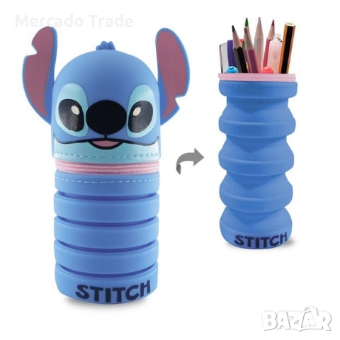 Несесер тип цилиндър от силикон, За деца, Сгъваем, Син, Stitch