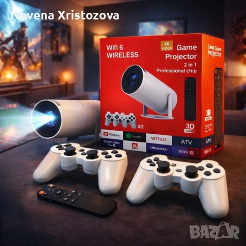 Интелигентен видео проектор 4K с два геймпада, дистанционно управление, Android TV 11 и WiFi 6