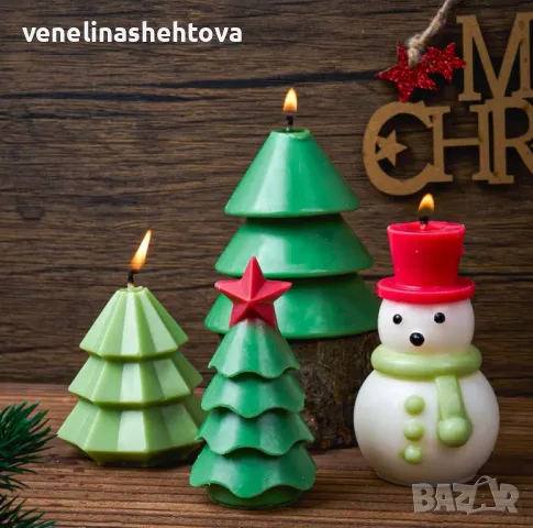 3D Елха със звезда снежен човек с шапка шал Силиконов молд за свещи гипс сапун 