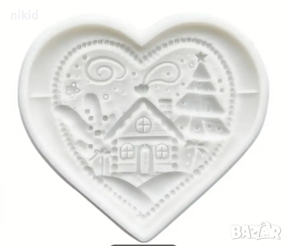 Сърце Коледна къща с елха бисквитка силиконов молд форма фондан шоколад гипс декор украса, снимка 2 - Форми - 52701832