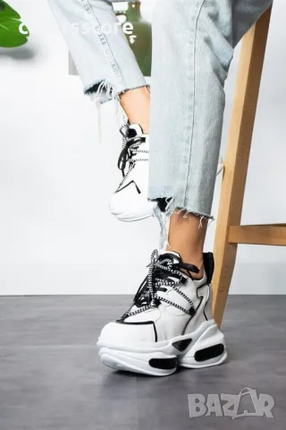 Кецове на платформа - бяло с черно - PA400, снимка 2 - Кецове - 43222019