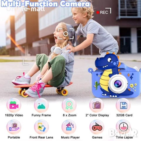 Детска дигитална камера с динозавър – Dual камера отпред и отзад, 1080P видео, 32GB карта, игри и ра, снимка 3 - Фотоапарати - 53244112