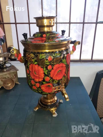 Невероятен голям руски рисуван самовар чайник, снимка 2 - Антикварни и старинни предмети - 50929641