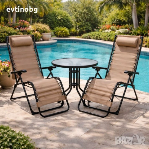 Комплект за релаксация на открито: 2 сгъваеми шезлонга с нулева гравитация CHAIR3 и стилна масичка з, снимка 3 - Столове - 53792601
