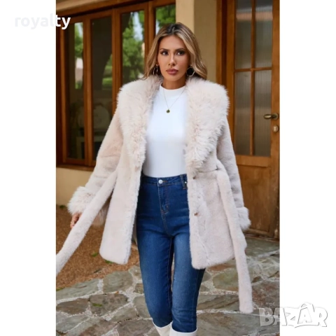 Вталено еко-палто с колан и яка налично в ЧЕРНО БЯЛО БЕЖОВО, снимка 3 - Палта, манта - 51465913