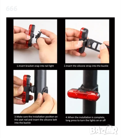 LED задна светлина за велосипед, USB акумулаторна, водоустойчива, бърз монтаж, снимка 3 - Части за велосипеди - 51410378