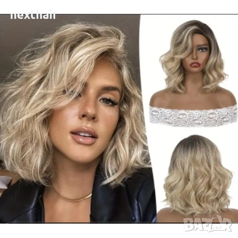 Модерна пепеляво руса перука с тъмни корени - чуплива, асиметрична прическа, снимка 9 - Аксесоари за коса - 53727909