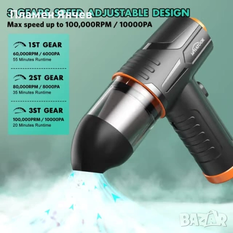 WHATOOK 2-в-1  Вентилатор и Прахосмукачка 100000 RPM Безжичен с LED, снимка 4 - Прахосмукачки - 53712094