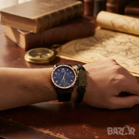 Мъжки часовник S&T Seek Time с кожена гривна – подаръчен комплект, снимка 3 - Бижутерийни комплекти - 51947415