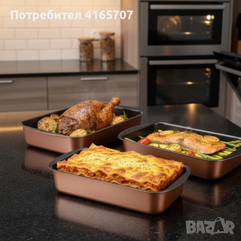 Комплект от 3 тави за печене Cheffinger с незалепващо покритие – различни размери, меден цвят, снимка 4 - Съдове за готвене - 53192820