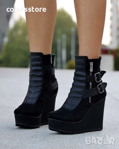 Боти на платформа - черен велур с черно ходило - B2001