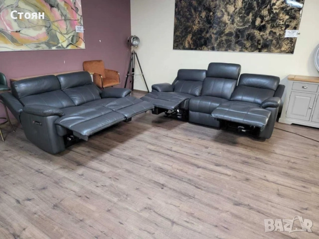 Тъмно сиви кожени дивани тройка и двойка с ел. релакс механизъм, снимка 8 - Дивани и мека мебел - 51954890