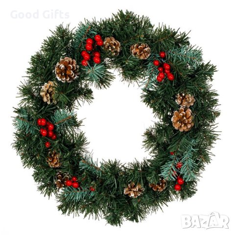 Коледен венец с шишарки и червени плодчета, 50см
